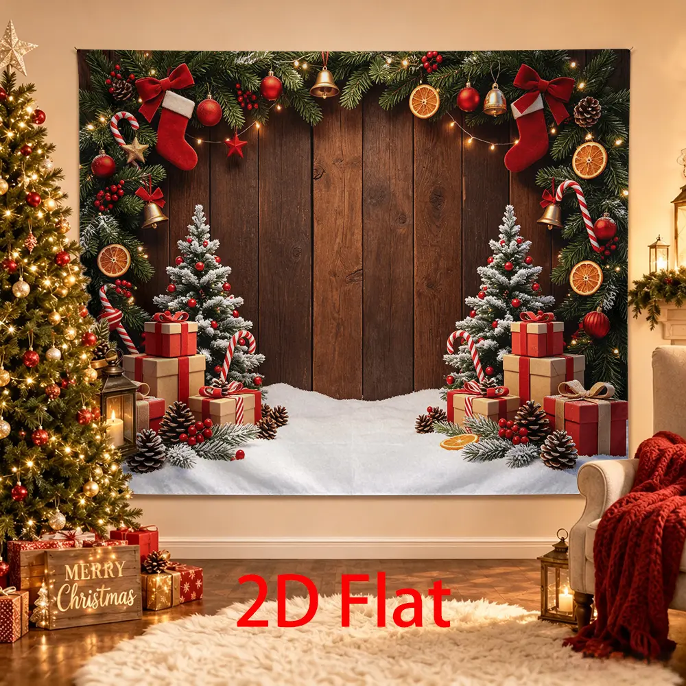 Rustic Wooden Christmas Photo Backdrop - Flat Print Festive Decor with Gift Boxes, Stockings, Candy Canes, Pine Garland, Orange Slices, Snowy Holiday Background for Home Party Supplies