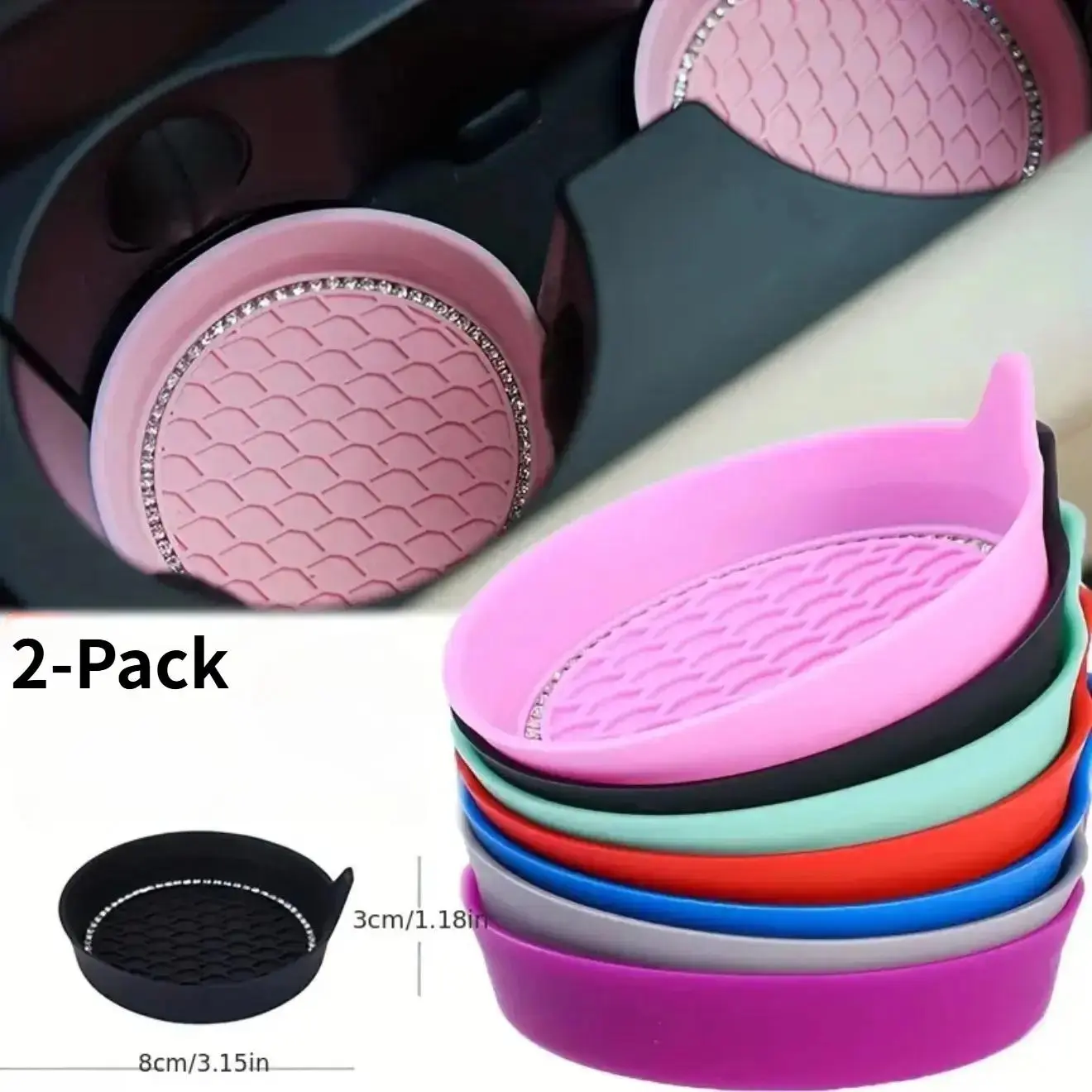 2-Pack Rhinestone Bling Round Car Cup Coasters - Non-Slip Rubber Mats, Unisex Girly Car Accessories, Stylish Universal Auto Interior Decor for Cup Holders
