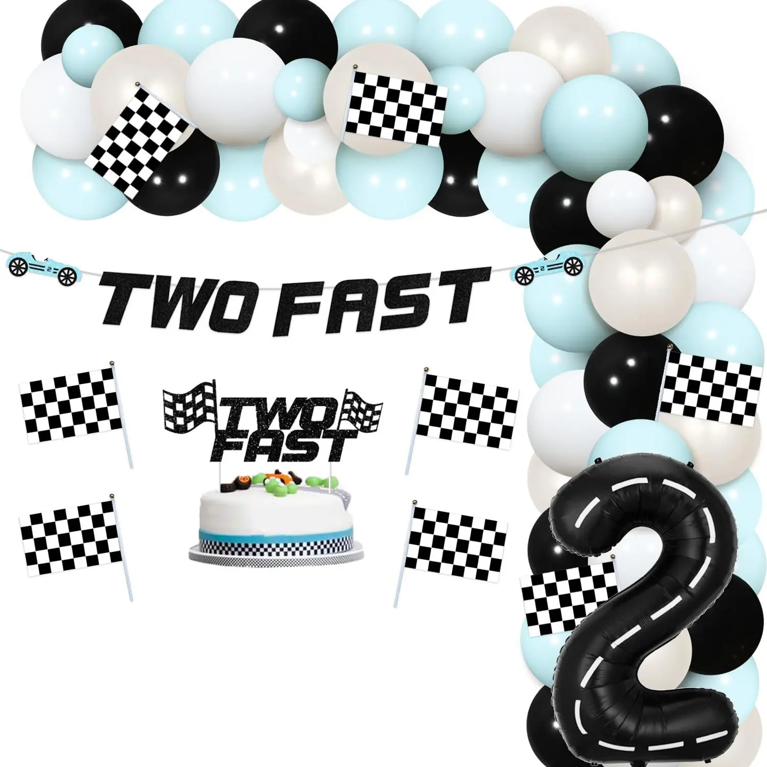 1Set Two Fast Birthday Decorations Two Fast Balloon Arch Kit Race Car Two Fast Banner Vintage Retro Blue Apricot Cake Topper Racing Car Party Themed Birthday Supplies
