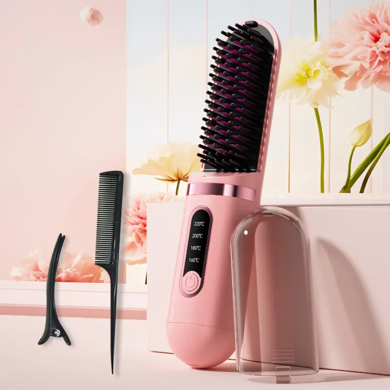 Portable Wireless Hair Straightener Brush Fast Heating 4 Temperature Settings 4000mAh Rechargeable Anti-Scald Hair Styling Tool
