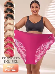 9pcs Plus Size Women's Briefs, Mid-Waist Lace Cool Innerwear, High Elasticity, Slim-Fitting, Ideal for Summer, Work, Vacation