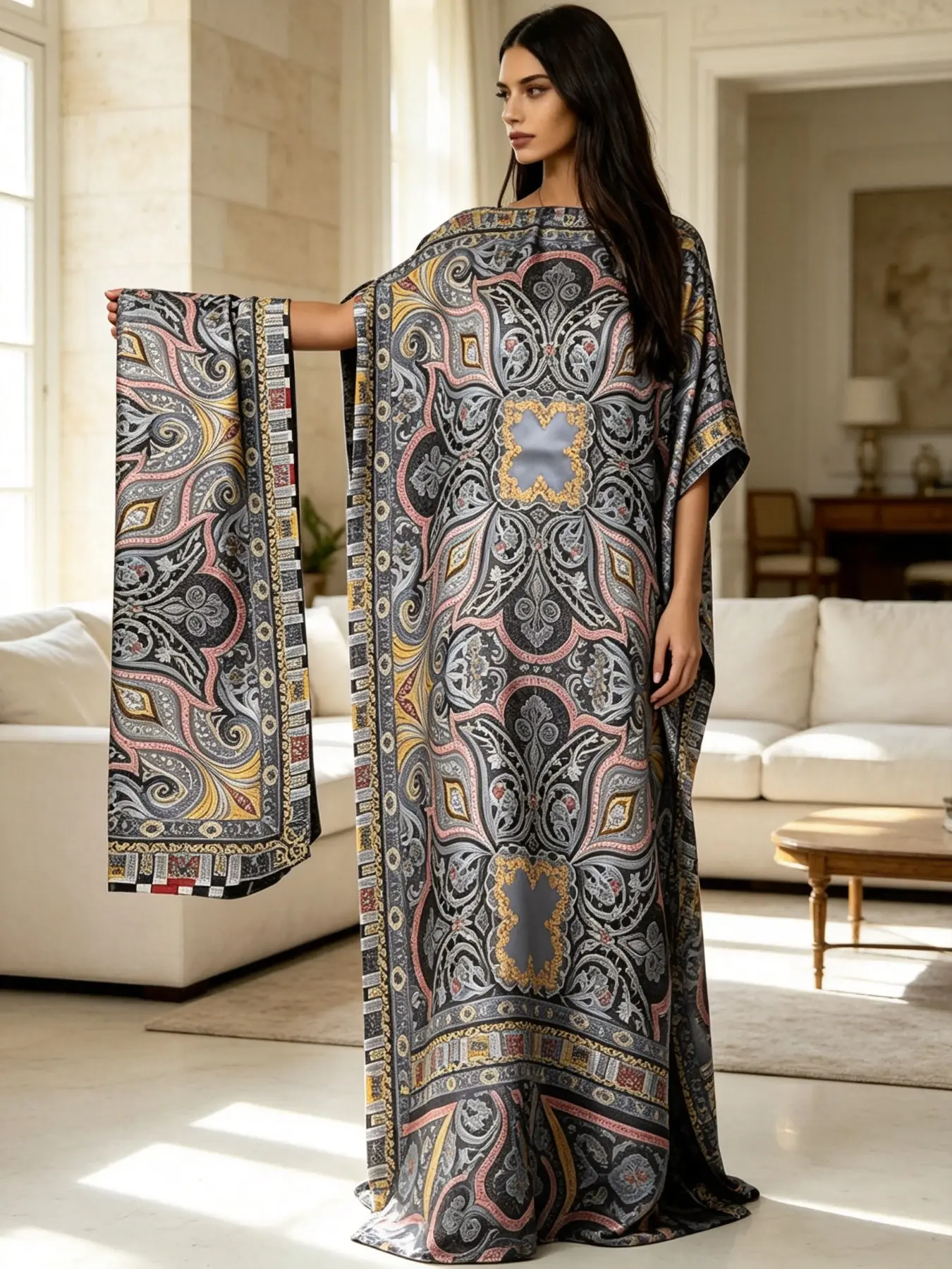 Women's Plus Size Long Kaftan Sleepwear Set, Gold Paisley Baroque Print, Soft Loose Fit, Beach & Home Wear, Includes Scarf