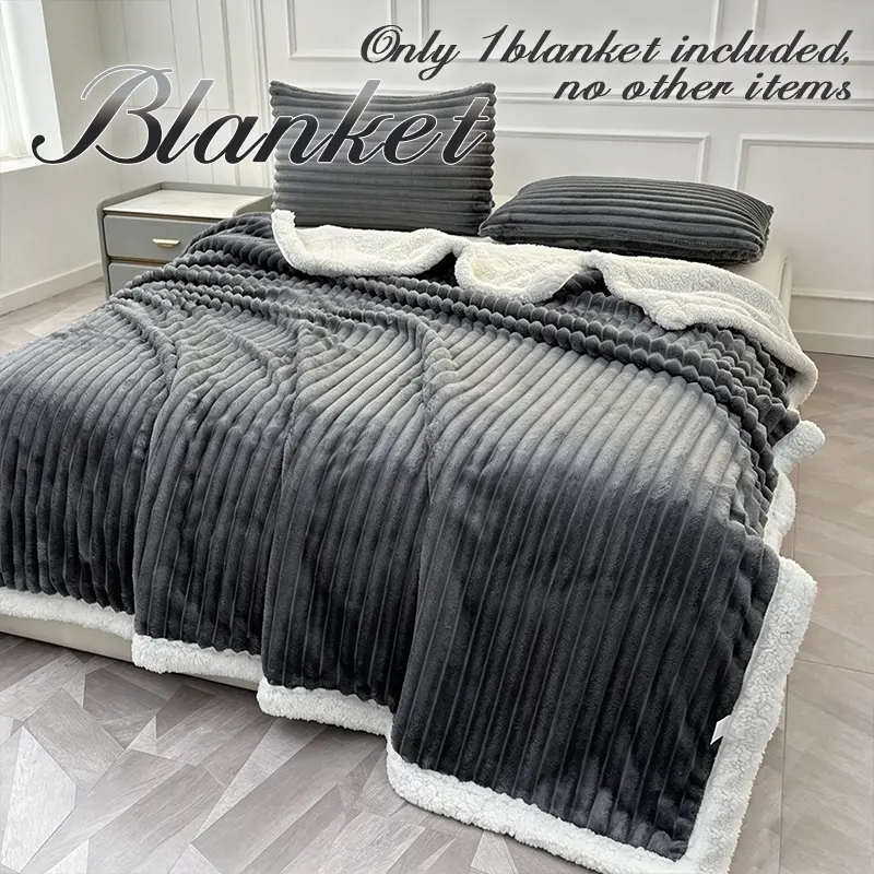 Cozy Vertical Striped Double Layer Plush Blanket, Soft Warm Blanket, Fluffy Warm Two-sided Cover, Portable Air Conditioning Blanket for Indoor Siesta, Couch Bed, All Season Use, Listing Contains Only One Blanket Without Other Bedding Items