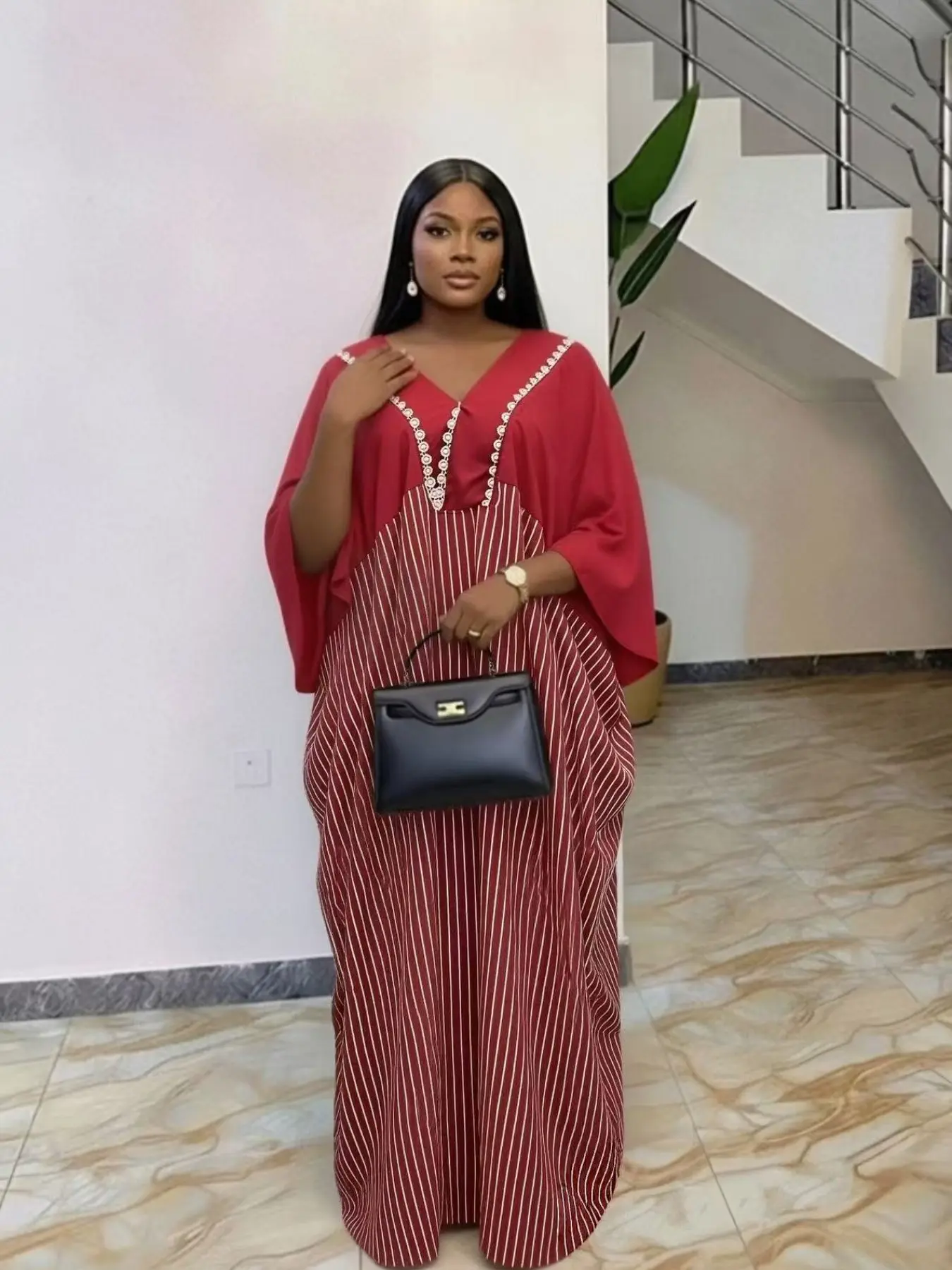 Summer red striped patchwork loose plus-size women's long lace V-neck batwing sleeve loose free-size abaya, suitable for daily wear, beach vacation, holidays, home, Muslim clothing dress 2026