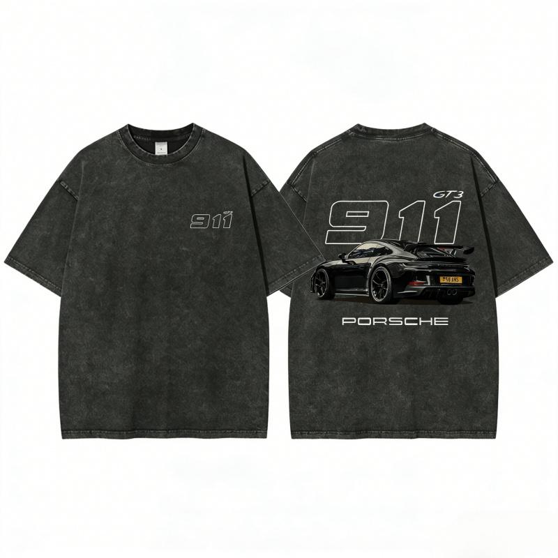 911 GT3 Racing T-shirt, unisex, washed cotton T-shirt, oversized men's top, street style crew neck T-shirt, fashionable and versatile, with clear print