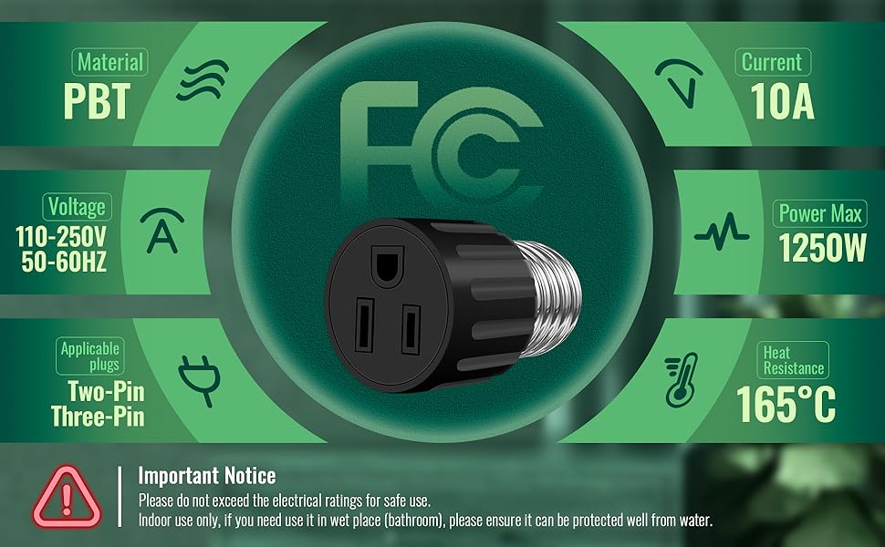 2 Pack 3-Prong Light Socket Outlet Adapter, E26/E27 Light Socket to Plug Converter, Polarized Light Bulb Plug Adapter for Garage, Camera, Porch, Professional Grade