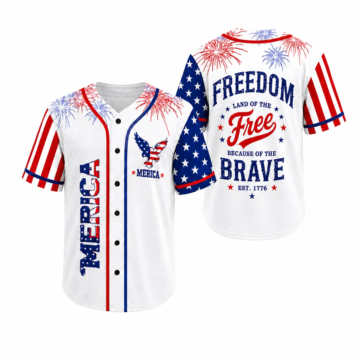 Merica Freedom Patriotic Baseball Jersey for Men & Women, Lightweight 100% Polyester Button Up Shirt with Fireworks, Eagle, Flag Stripe Sleeve & Land of the Free Graphic Print, 4th of July Summer BBQ Streetwear Top
