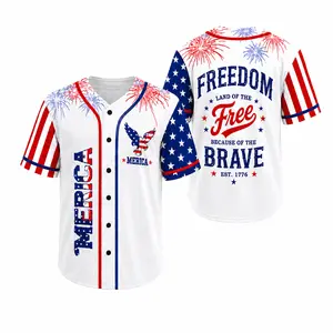 Merica Freedom Patriotic Baseball Jersey for Men & Women, Lightweight 100% Polyester Button Up Shirt with Fireworks, Eagle, Flag Stripe Sleeve & Land of the Free Graphic Print, 4th of July Summer BBQ Streetwear Top