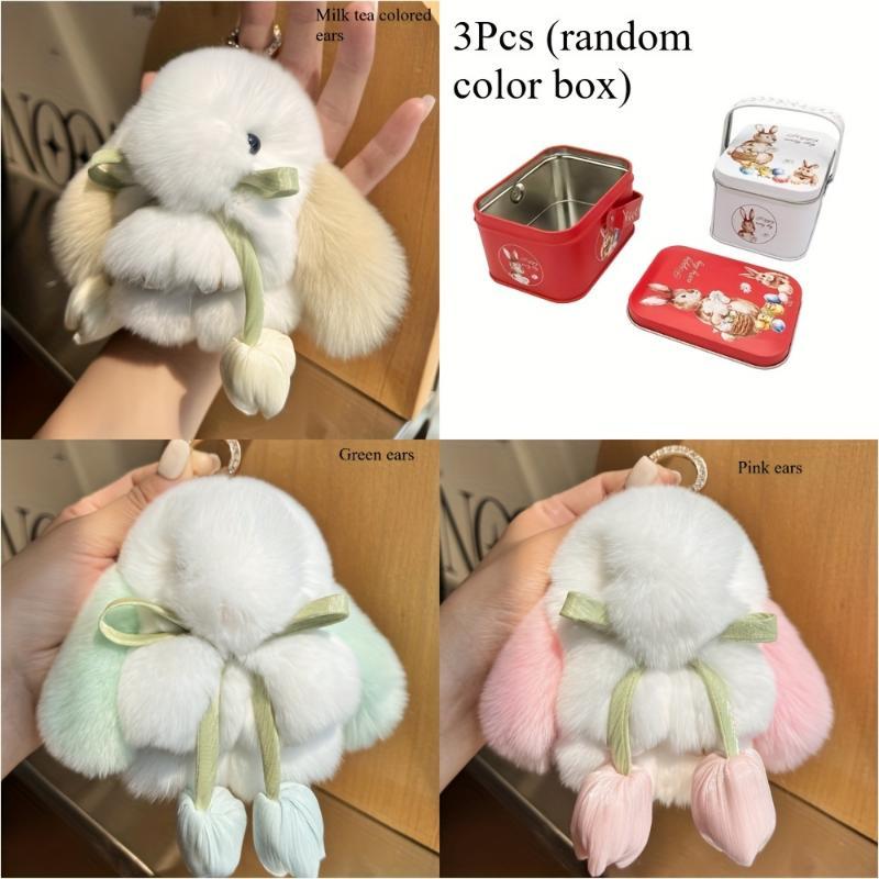 Easter/Mother's Day Cute Decoration 3pcs Random Color Exquisite Plush Rabbit Ornaments: Playful Rabbit Ears, Soft Tulip, Create Fashionable and Personal Key Accessories, Suitable for Valentine's Day, Birthday Gifts double teeth high quality elegant ice