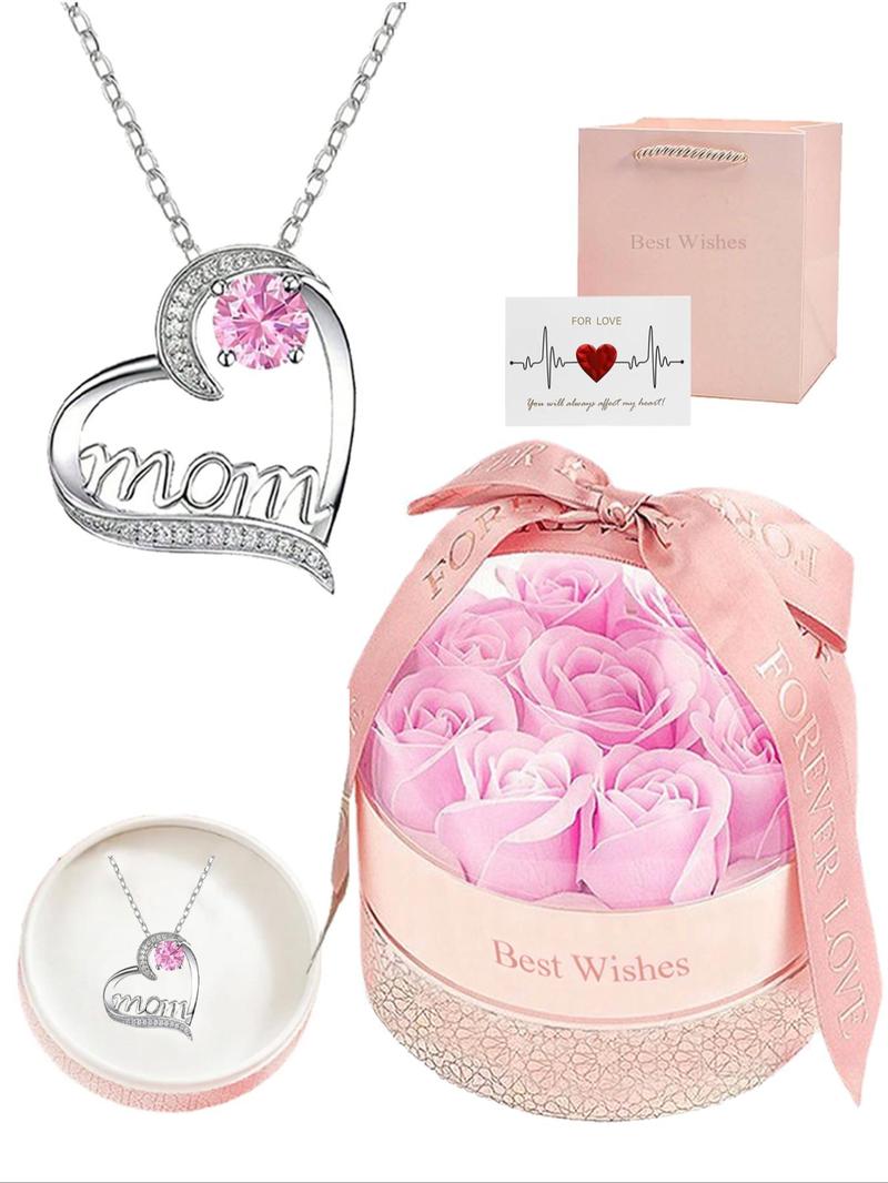 Creative Artificial Crystal & Rhinestone Decor Heart Pendant Necklace, Engraved Letters Necklace with Romantic Box & Flower, Summer Jewelry, Fashionable Matching Jewelry Gift for Mom, Gifts for Girlfriend Valentine Gifts For Gf