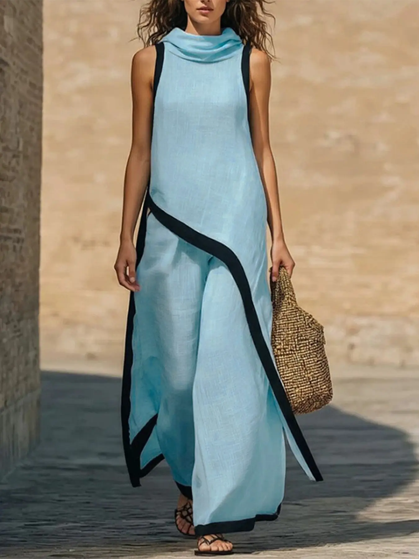 Women's Asymmetrical Elegant Hooded Color-Block Vest Top and Long Pants 2-Piece Set for Casual Wear