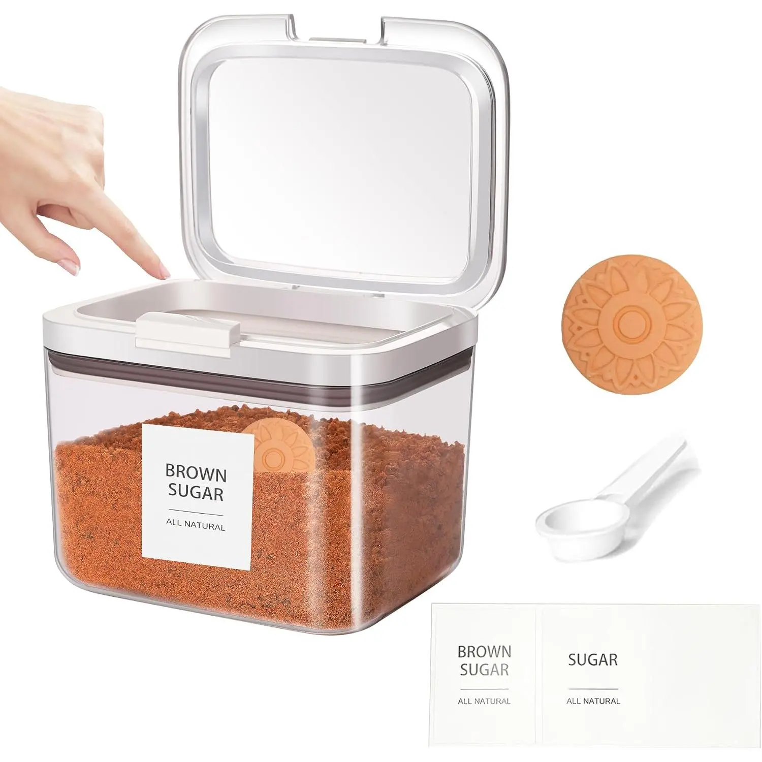 Brown Sugar Container Airtight, Brown Sugar Keeper Storage Container with Spoon and Terracotta Savers for Softening, Stackable - Opening 1.3Qt(42Oz/1.2L)