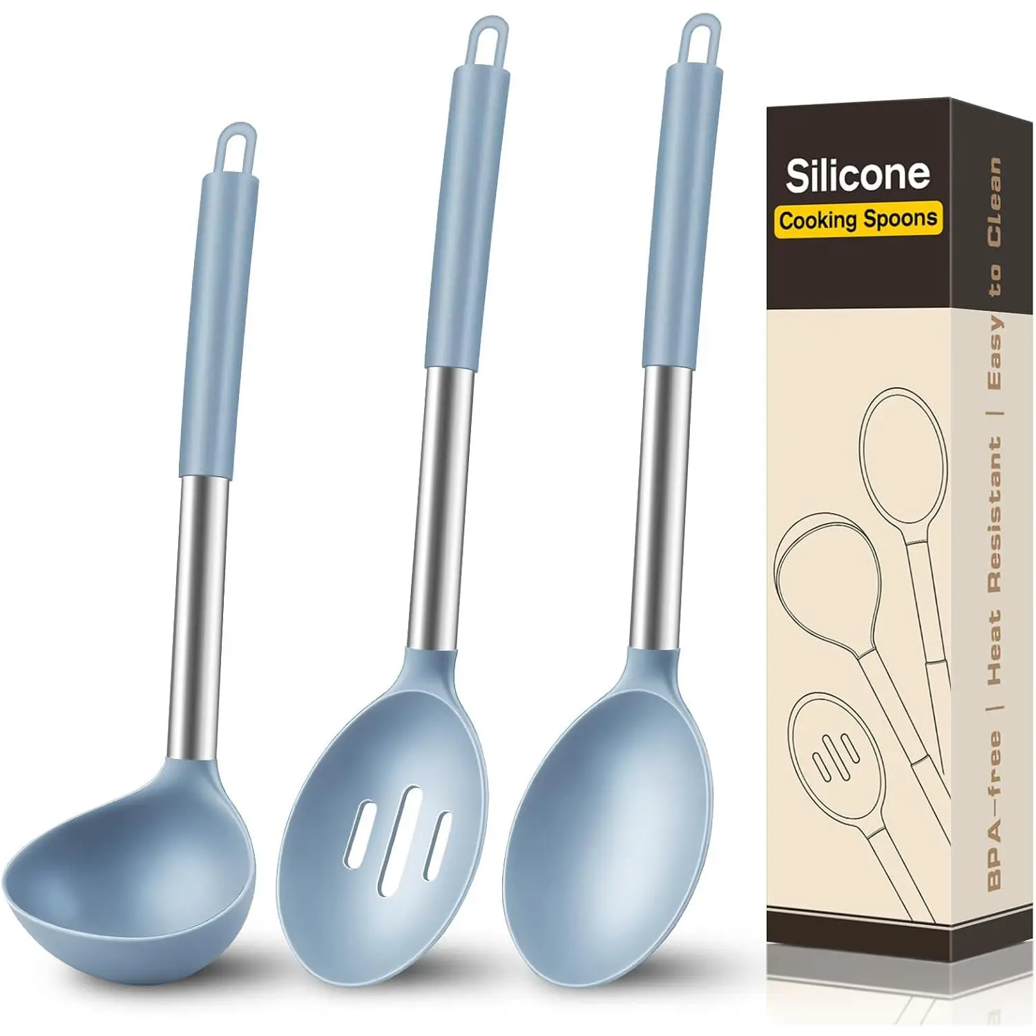 3 count  Cooking Spoon Set, Kitchen Utensils Include Solid & Slotted Spoon, Soup Ladle, -Grade Heat Resistant 446°F, Non-Scratch Spoons for Serving, Stirring, Draining, Dishwasher Safe, Blue