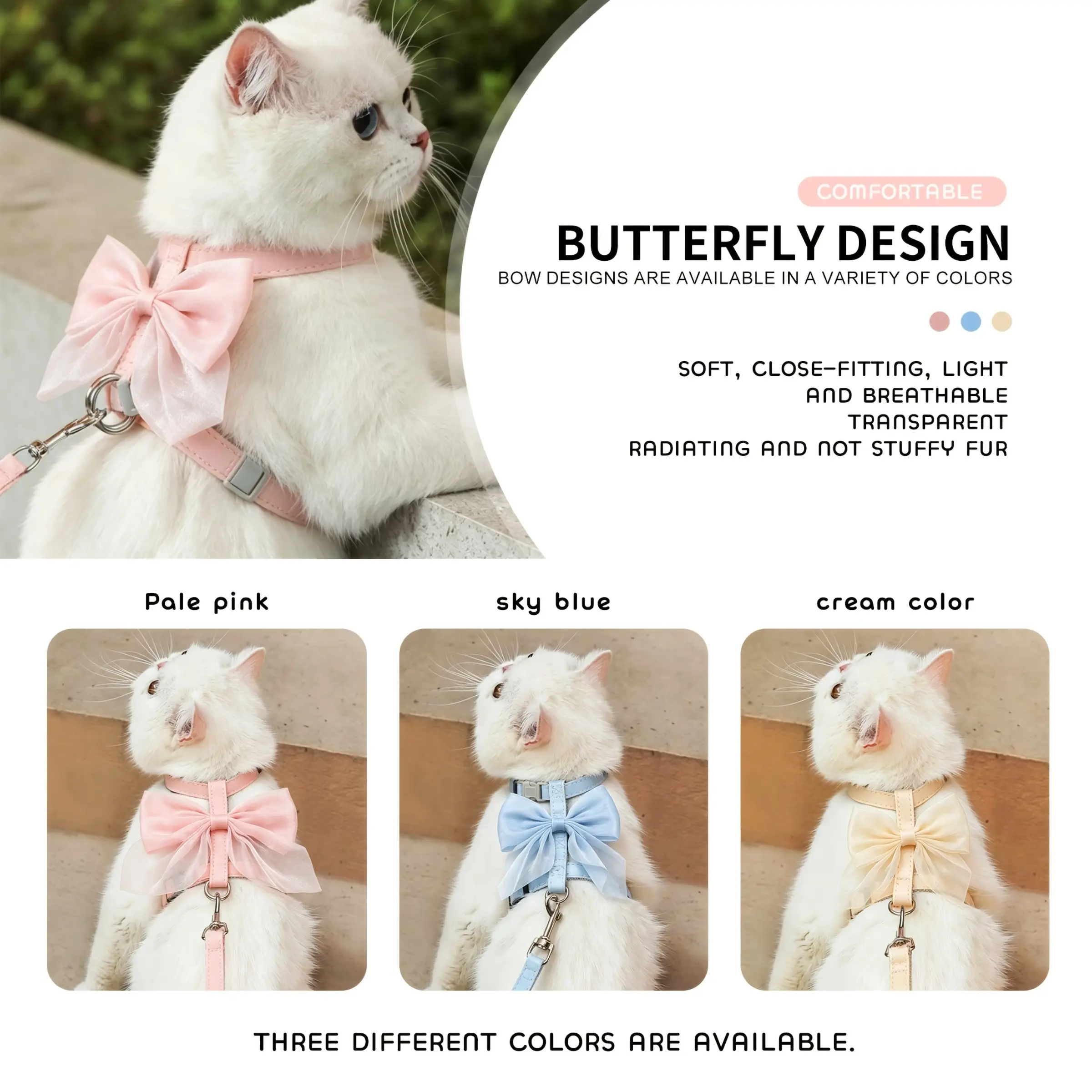 Large Bow Pet Harness & Leash Set - Kitten Harness, Bowknot Harness, H-shaped Anti-escape & Breathable Design, Suitable for Cats and Small Dogs, Ideal for Outdoor Walks and Photo Shoots, Available in Three Colors