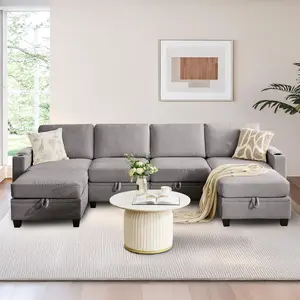 127" U-Shaped Sectional Couch with Storage - 6-Seater Modular Sofa, 2 Movable Ottomans & Cup Holders, Deep Seat Plush Fabric, Light Gray