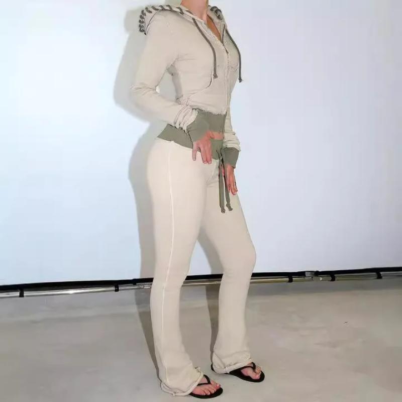 Sports suit Women Drawstring Ribbons 2 Piece Set Long Sleeve Zipup Hooded Sweatshirts Tops + Flare Pants Fashion Casual Tracksuits Summer Athletic Wear