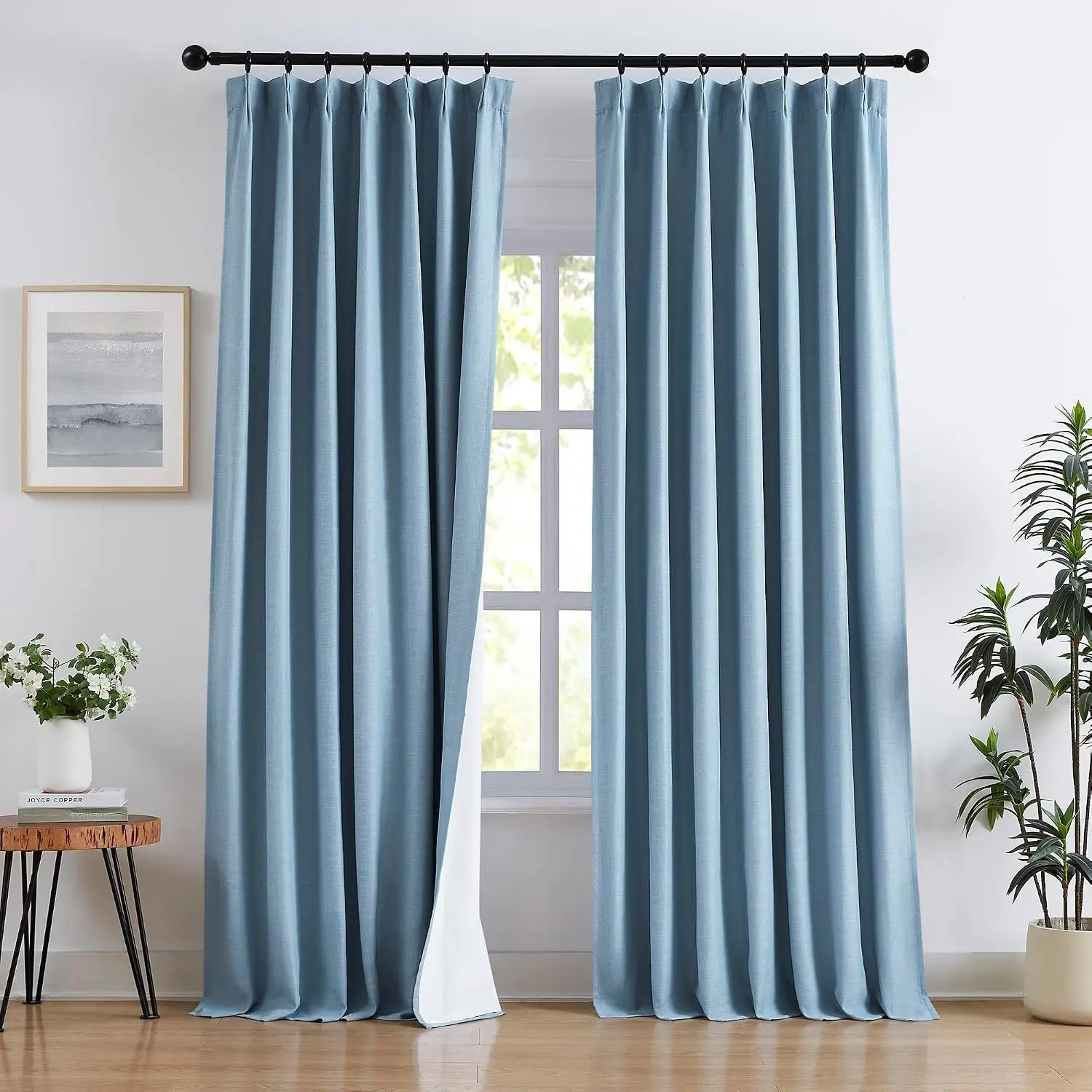Pinch Pleated Blue Full Length Curtains, 2 Panels 40"W x 84"L, Double Layer Full Blackout Thermal Insulated Flax Linen Drapes with Back Tab for Bedroom, Living Room, Blackout Curtains
