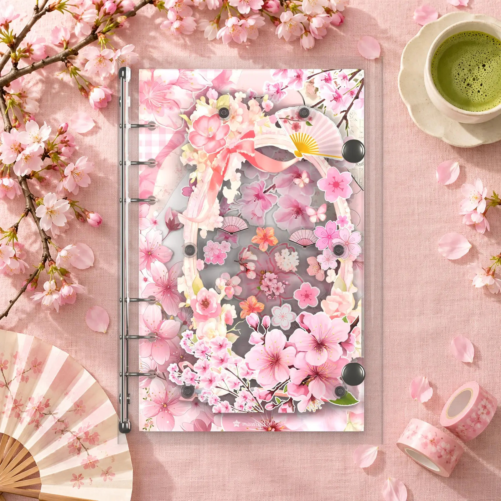 Cherry Blossom Acrylic Shaker Notebook, Handmade A6 Refillable 6-Ring Binder Journal with 25 Photo Sleeves & 30 Lined Pages, Gift for Women