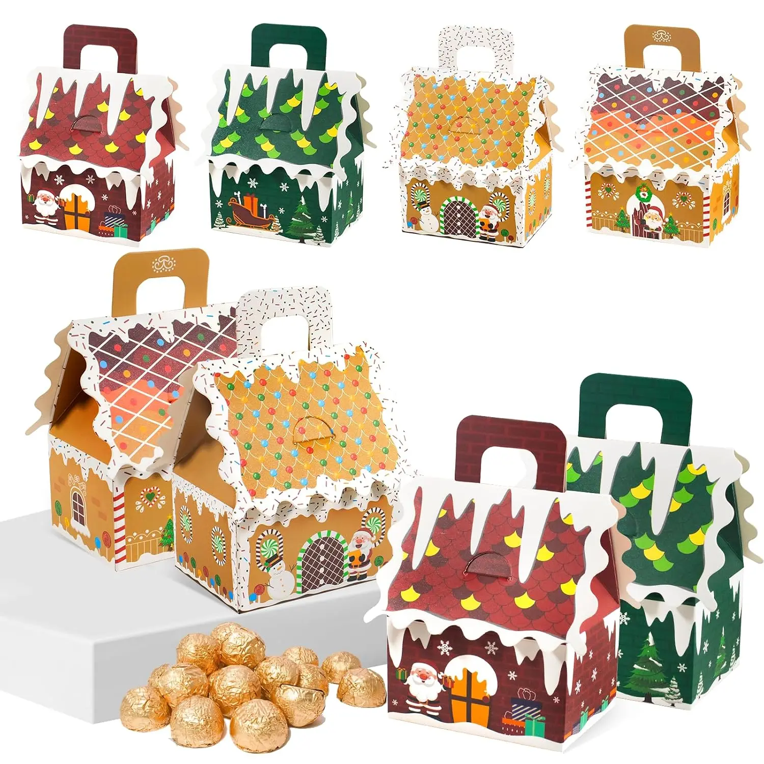 24-Count Magical Gingerbread House Wrap Boxes with Handles, 4-Style Holiday Candy Cookie Boxes for Xmas Party Favors & Gifts (Home & Festive Party Supplies)