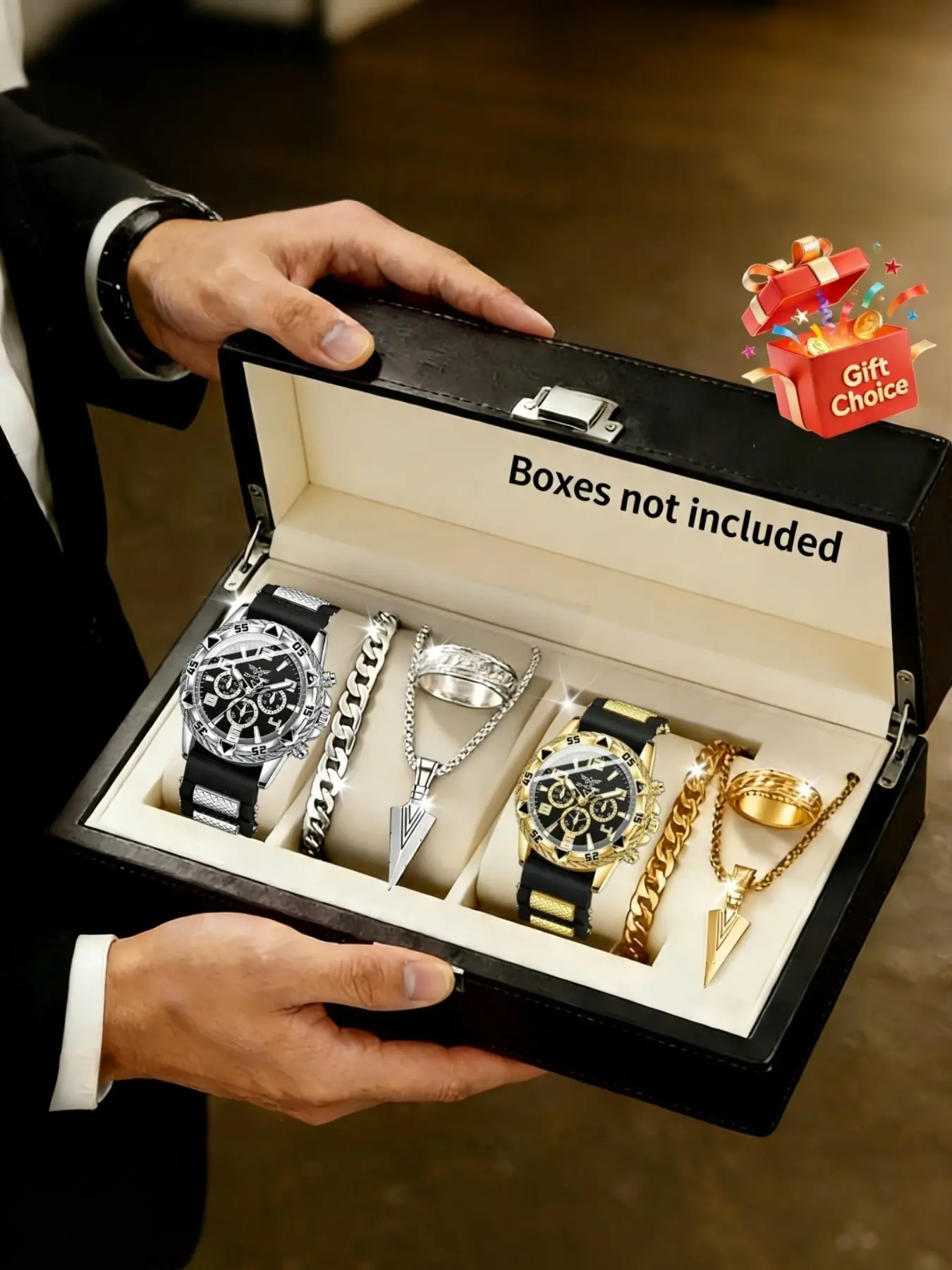 8pcs Fashion Sport Watch Set with Bracelet Necklace Ring, Luxury Men's Quartz Watch, Round Dial, Perfect Gift for Ramadan, Father's Day, Birthday