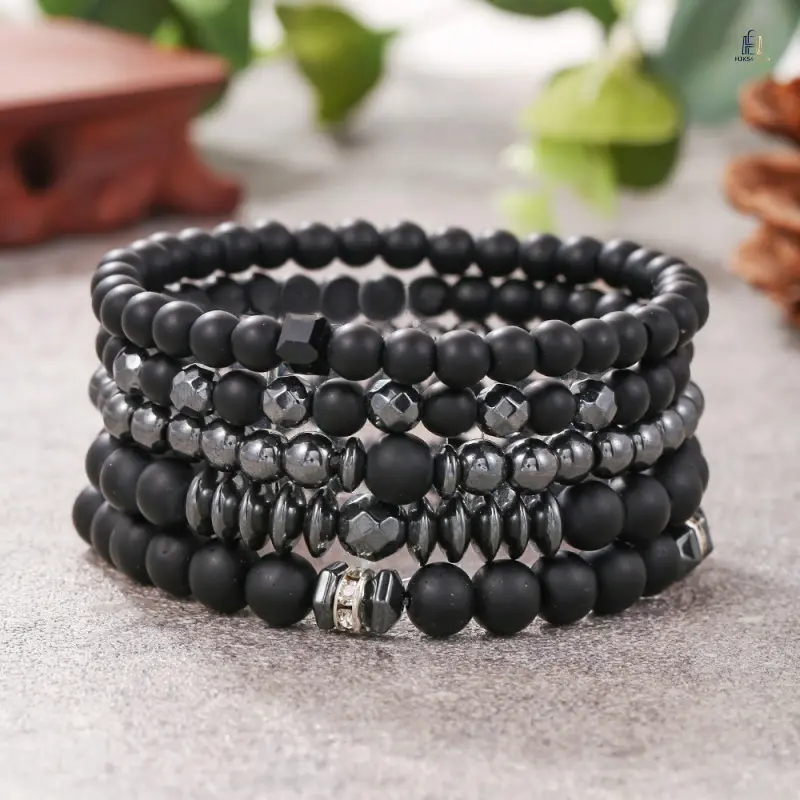 Hematite Stone Bracelet Set for Men, 5-Piece Matte Black Beaded Stretch Wristbands, 6mm & 8mm Beads for Daily Layering & Hip Hop Look, All Seasons