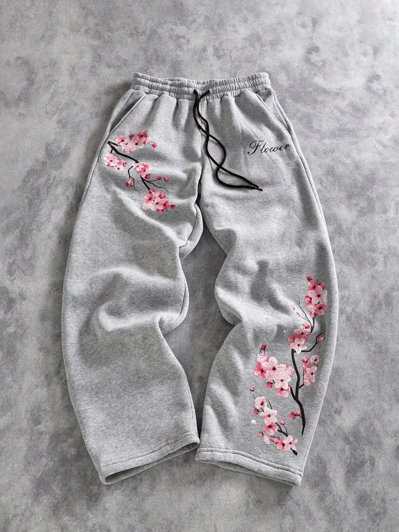 Men's Long Pants with Cherry Blossom Print, Casual Street Style, Comfortable Mid-Waist Drawstring, All-Season Fashion