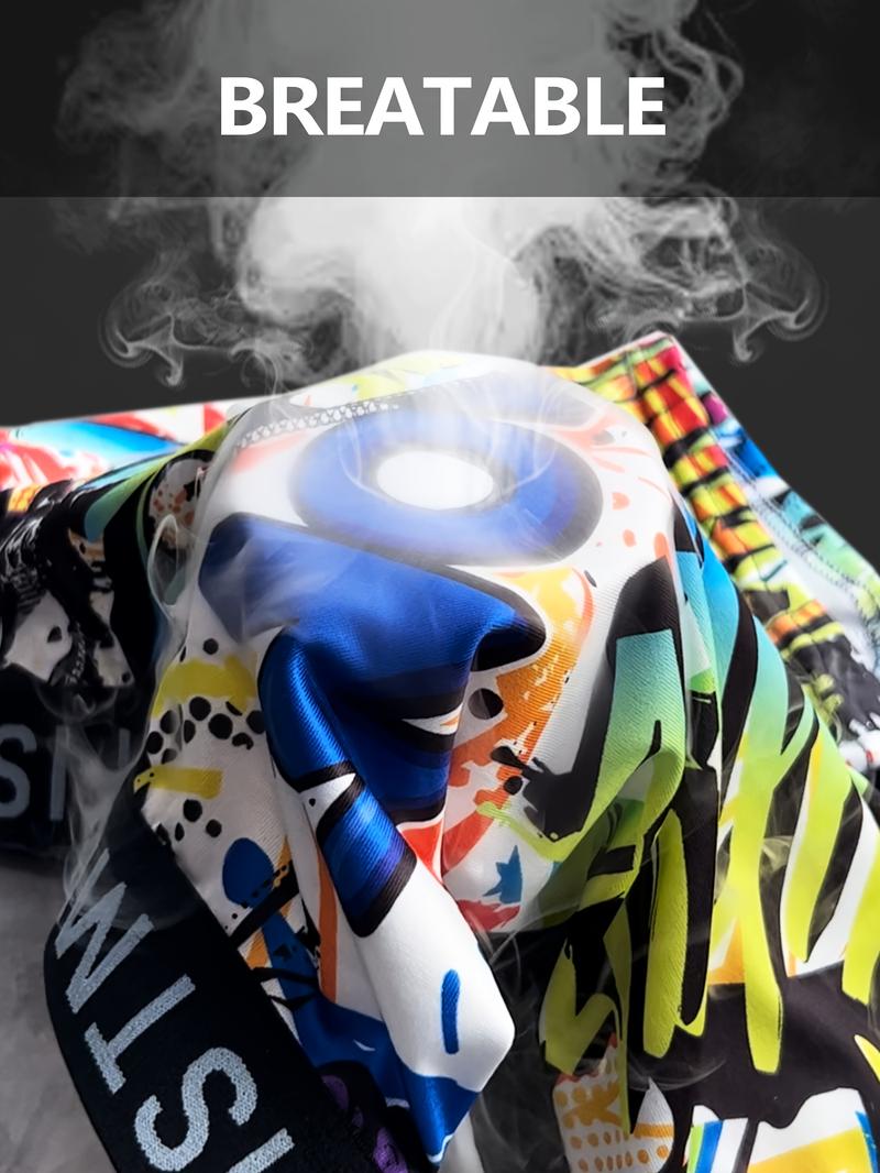 4pcs Men's Boxer Briefs Set with Cool Graffiti Patterns And Stretchy Material, Soft, Comfortable And Breathable, Suitable for Fitness And Daily Wear, Loose Boxers for Men,Lounge Wear, Activewear Essentials, Trendy Underwear, Urban Fashion, Soft Fabric