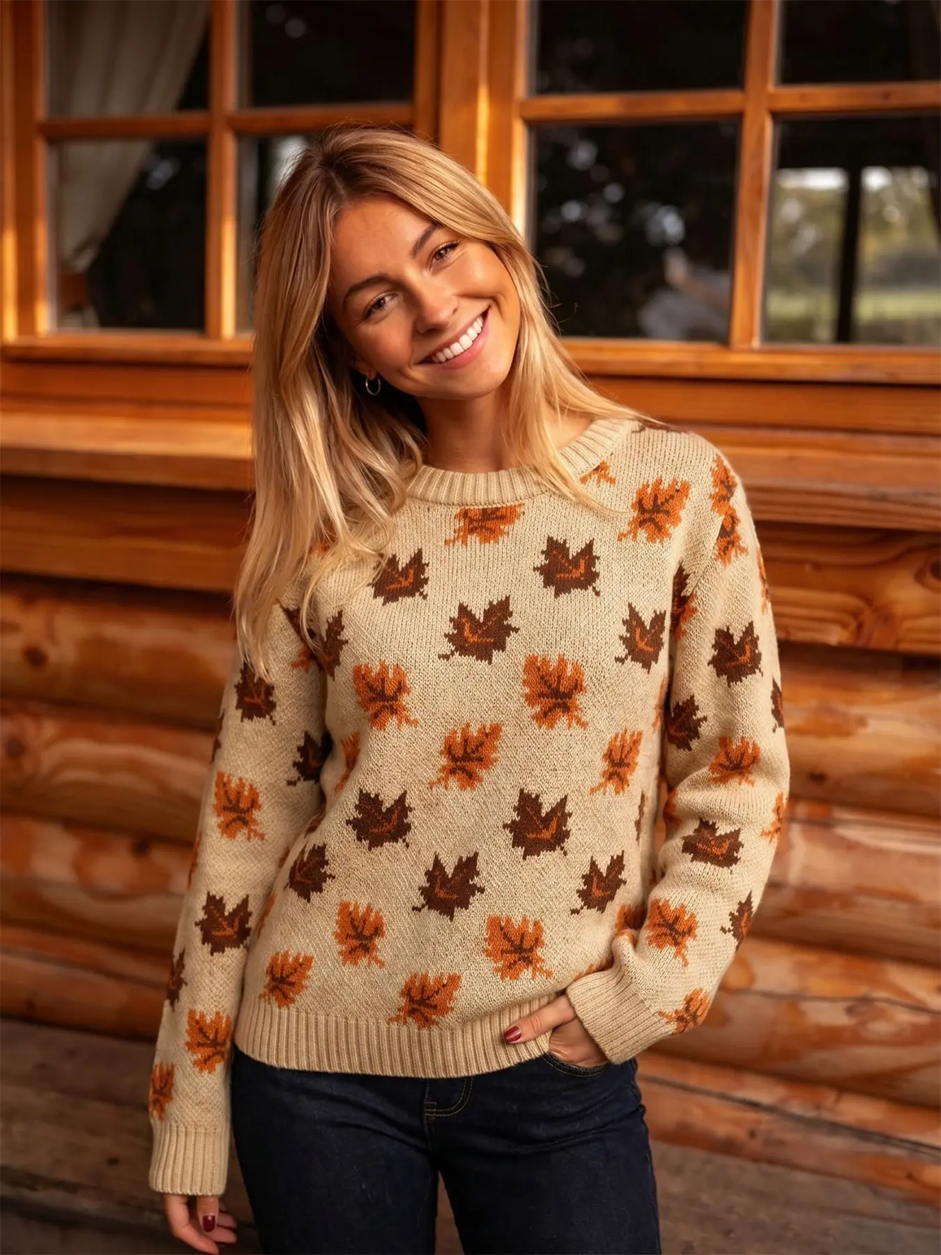 Women's Round Neck Long Sleeve Maple Leaf Jacquard Fitted Fall/Winter Casual Fashion Versatile Knit Pullover Top – Early Autumn Vibe Sweater Wear