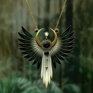 Gothic Angel Wing Necklace with Layered Emerald Pendant & Accent - Multi-Tiered Winged, -Looking Created Emerald, Year-Round Elegant Wear for Daily or Special Occasions, Zinc Alloy Chain (No Plating)