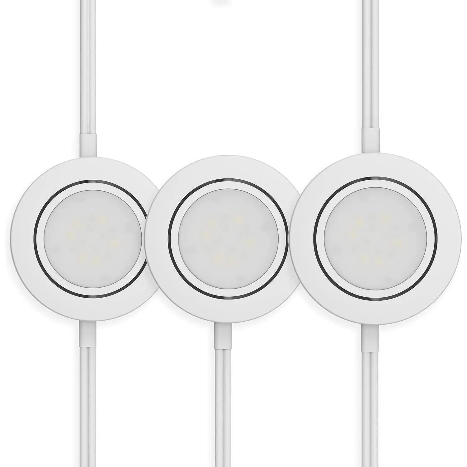LED Puck Lights 3-Pack, 2.75" Metal Housing, Wall-Dimmer Compatible, 2700K Warm White, White Finish, Plug-in or Hardwired, ETL Listed, IN-0107-3