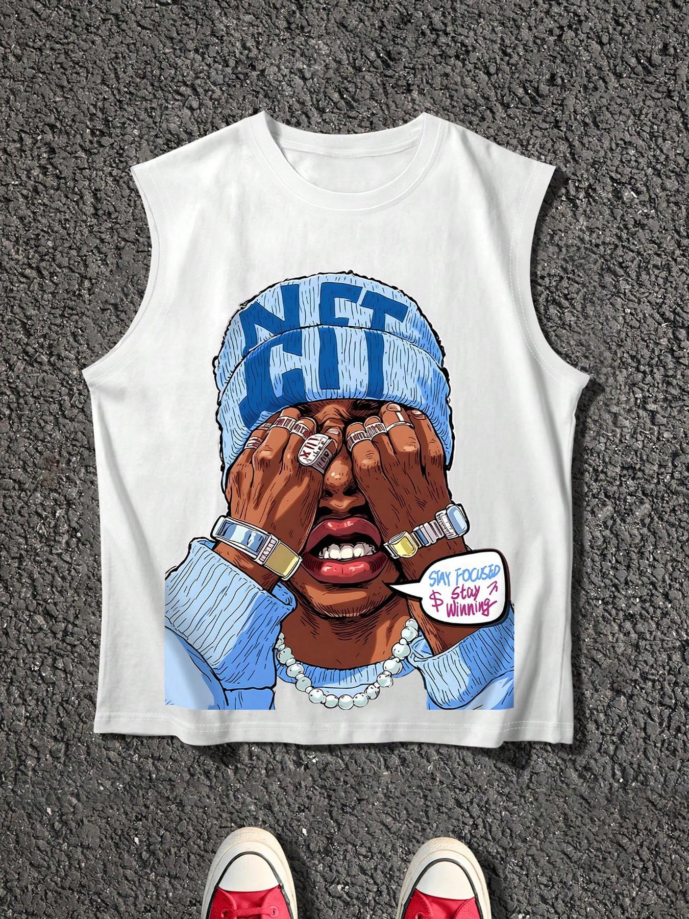 Men's Cartoon Face Print Tank Top, Loose Casual Sleeveless Round Neck Vest for Summer, Men's Top for Daily Wear, Socks