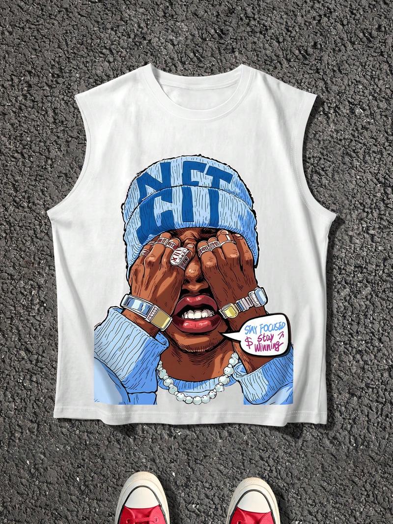 Men's Cartoon Face Print Tank Top, Loose Casual Sleeveless Round Neck Vest for Summer, Men's Top for Daily Wear, Socks