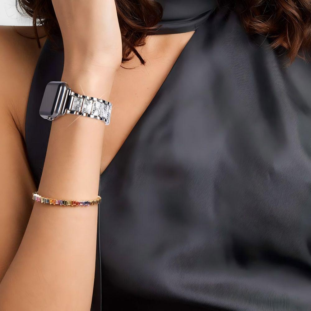 Bling Rhinestone Apple Watch Band – Three-Bead Metal Bracelet Strap for Women, Luxury Dressy Jewelry Style, Compatible with 38–49mm Series 1–11, SE, Ultra