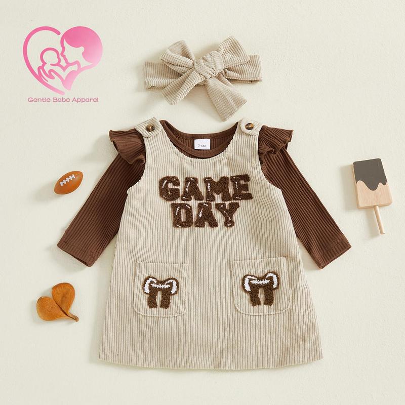 (95% Cotton) GBA Baby Girls Fall Outfit, Long Sleeve Romper with Embroidery Letters Overall Dress and Headband, Casual Baby Girls Set