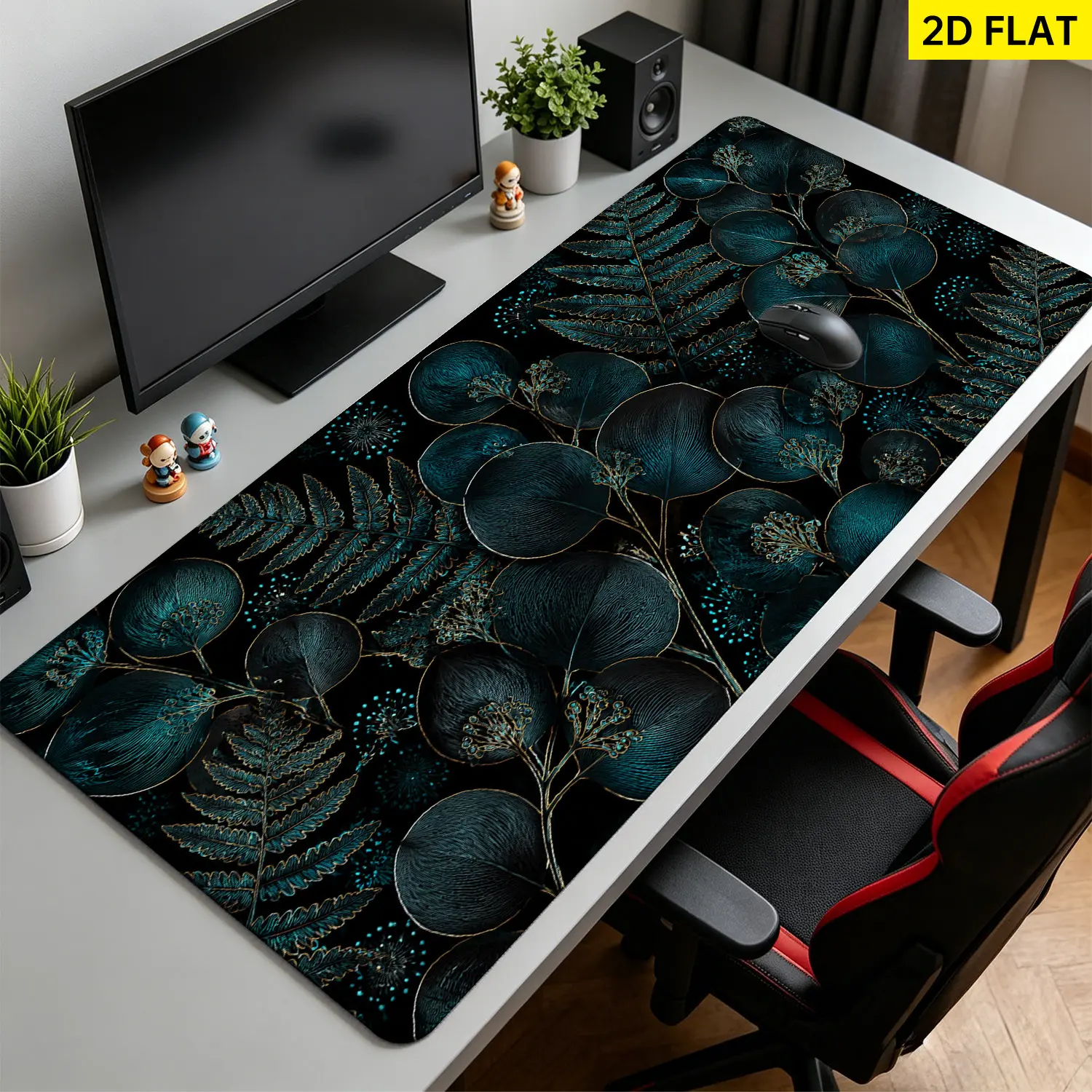 Extra Large dark teal gold eucalyptus leaf botanical Mouse Pad,Non Slip Rubber Pad,Desktop Decoration Drotection Pad,Washable,Lock Edge Multi Size,Premium Multipurpose Mousepad For Home,Office,Gift for Family and Friends
