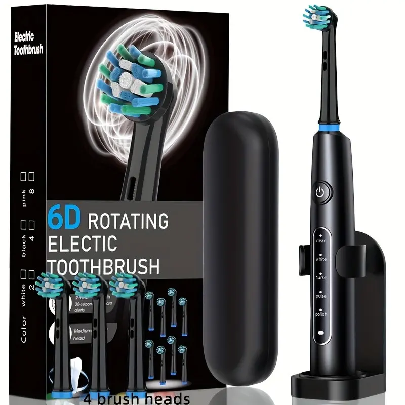 Adult Rotating Electric Toothbrush, 4 Brush Heads, Travel Case, Stand, 5 Modes, USB Charging, Smart Timer, Gift Idea
