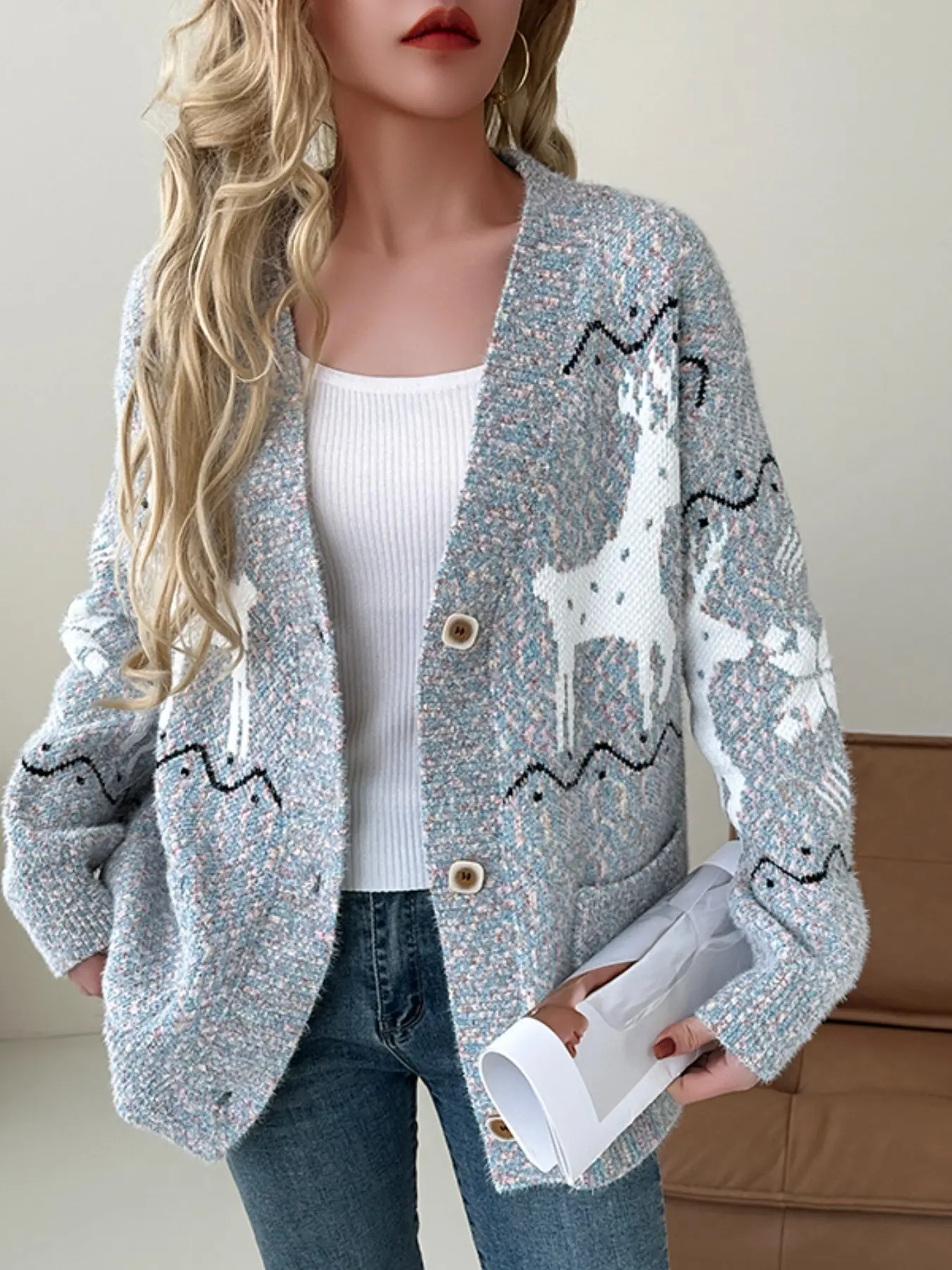 1 Piece 2026 Autumn Winter Women Deer Print Knit Cardigan, Relaxed Lazy Style, Soft Cozy Skin-friendly Long Sleeve Oversized Slimming Sweater, All-match Outer Top for Commute, Shopping & Holiday Trips