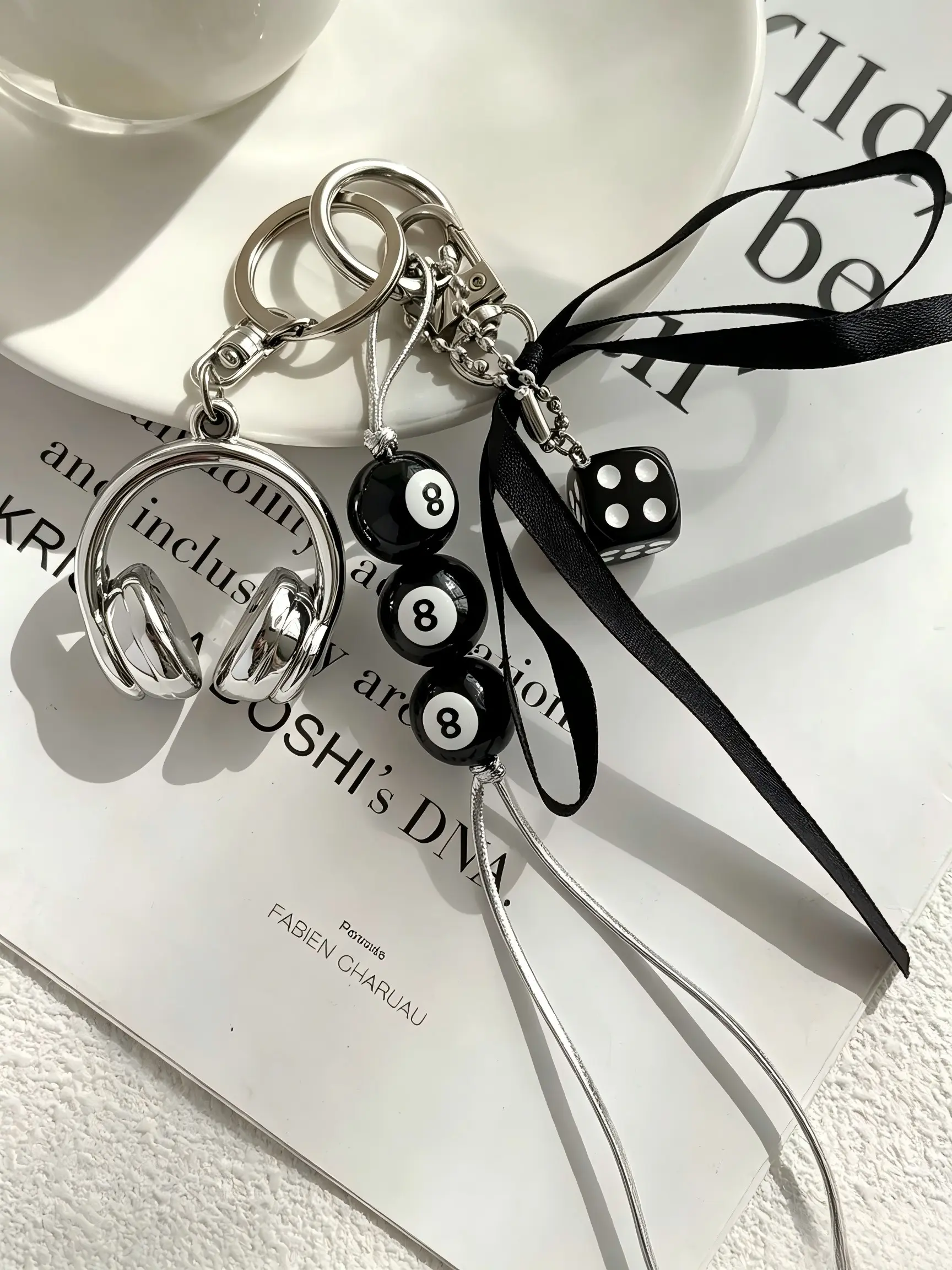 High-End Eight Billiard Keychain, Silver Color Replica Earphone Keychain, Gift Keychain, Millennial Chic Commuter Accessory, Unique Pendant