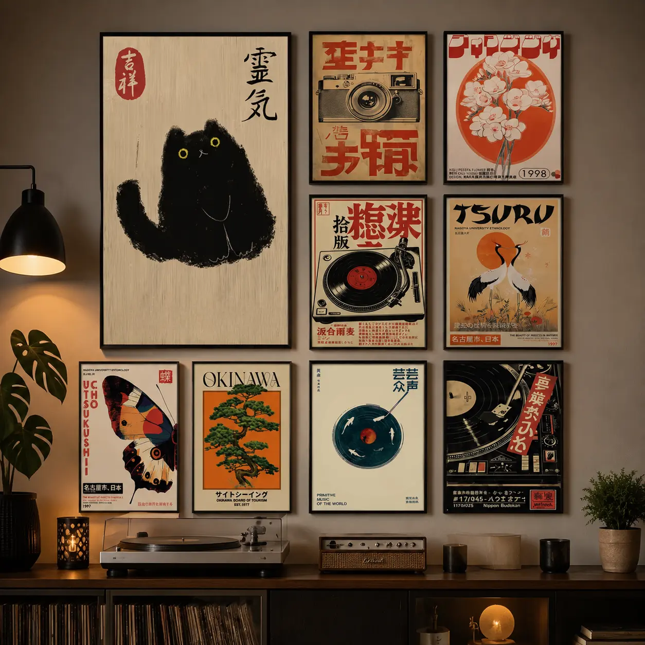 Japanese Vintage Cat Canvas Wall Art |   Retro Record Player Music Poster Print, Japandi Style Decor for Bedroom, Living Room & Home