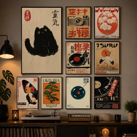 Japanese Vintage Cat Canvas Wall Art |   Retro Record Player Music Poster Print, Japandi Style Decor for Bedroom, Living Room & Home