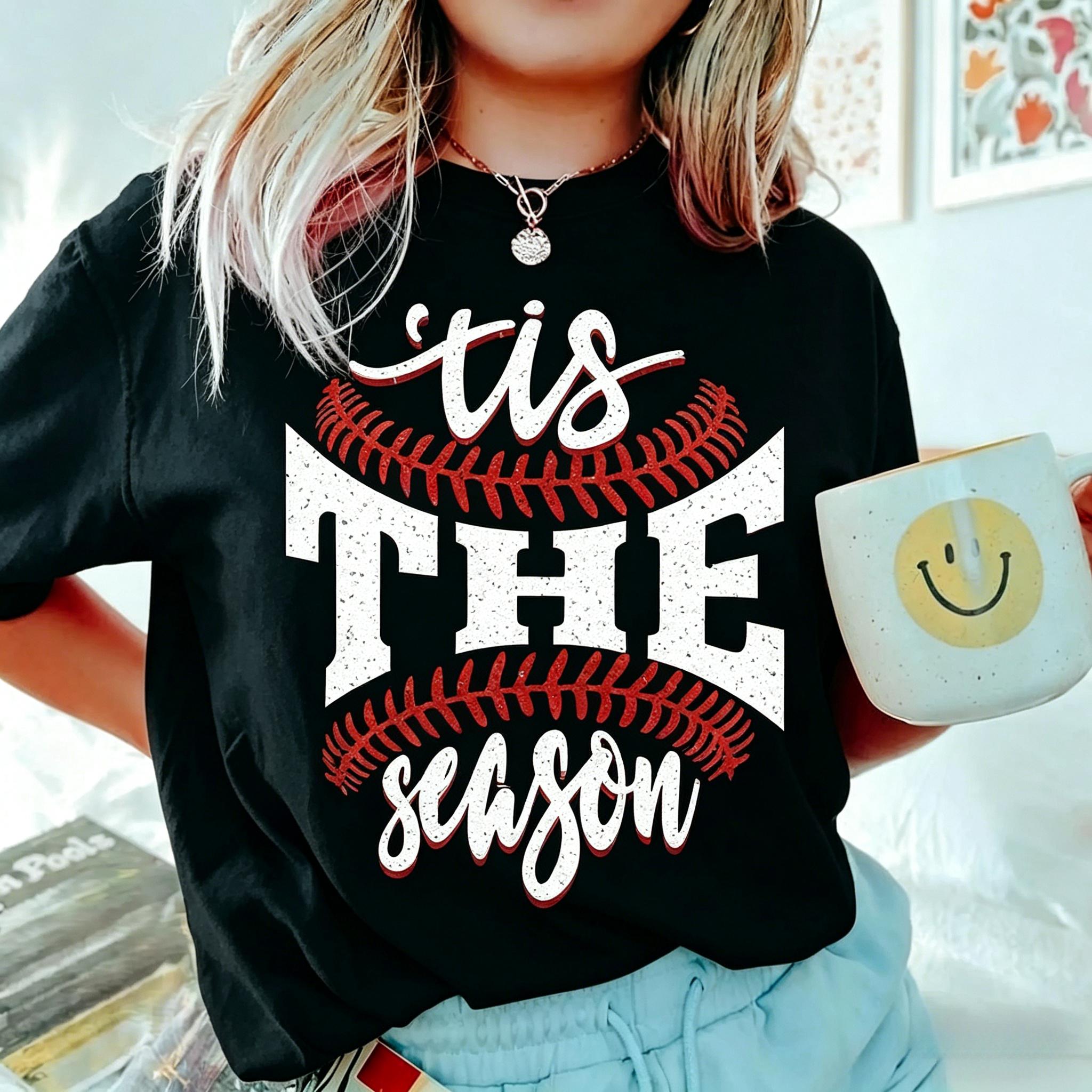 Sports Game Day Tshirt - Faux Glitter Tis The Season Baseball Shirt - Sports Team Mom Family Tee & Sweatshirt Shortsleeve Top, Casual Outfits Women