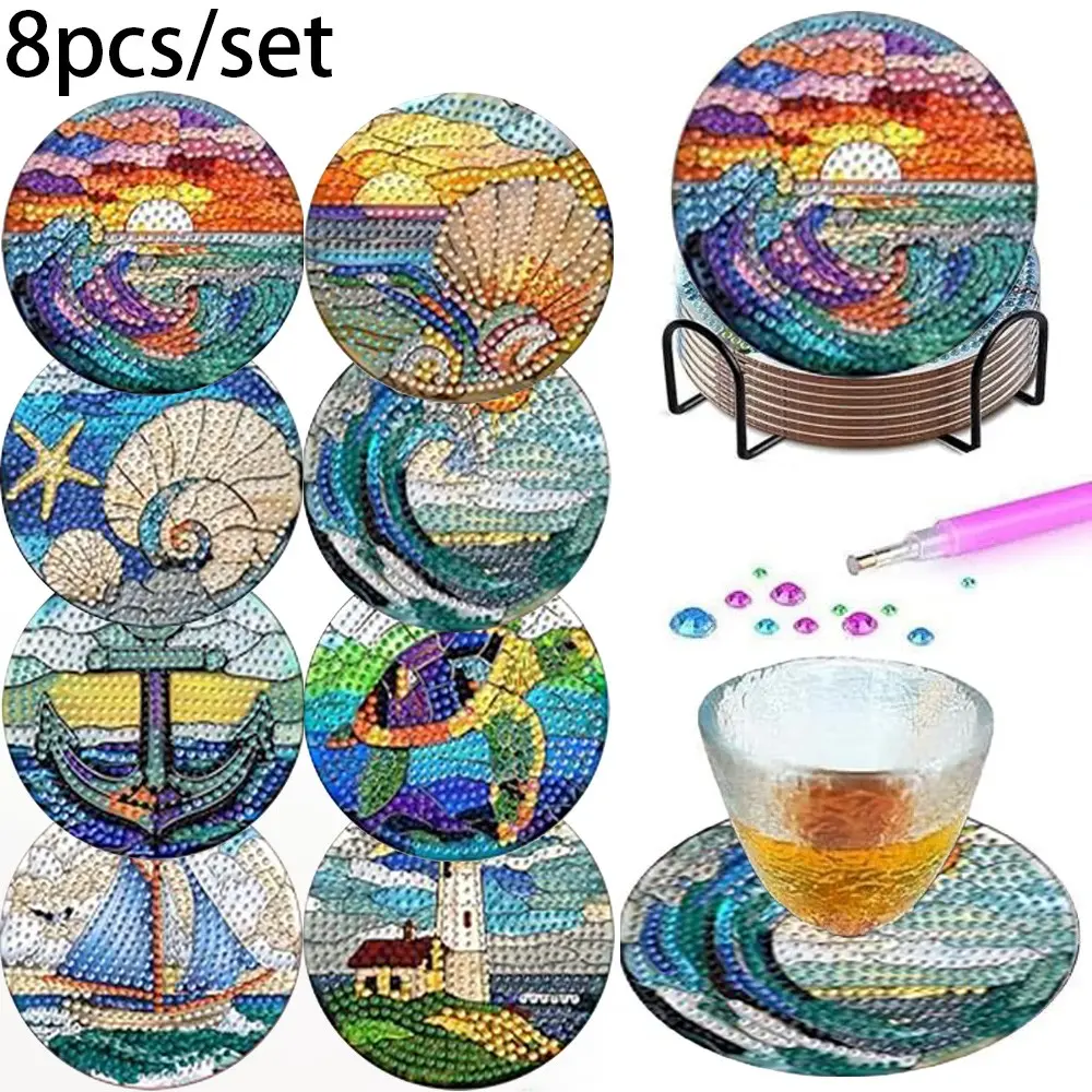 8-Piece Nautical Ocean Diamond Painting Coaster Set, DIY 5D Beach Coaster with Metal Stand, Non-Slip Heat-Resistant Table Mat for Kitchen & Beach Decor