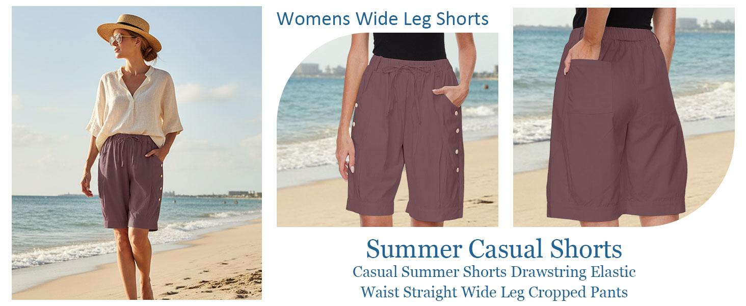 Womens Bermuda Shorts High Waist Drawstring Loose Capris Wide Leg Comfy Summer Beach Casual Dressy Pant with Pockets