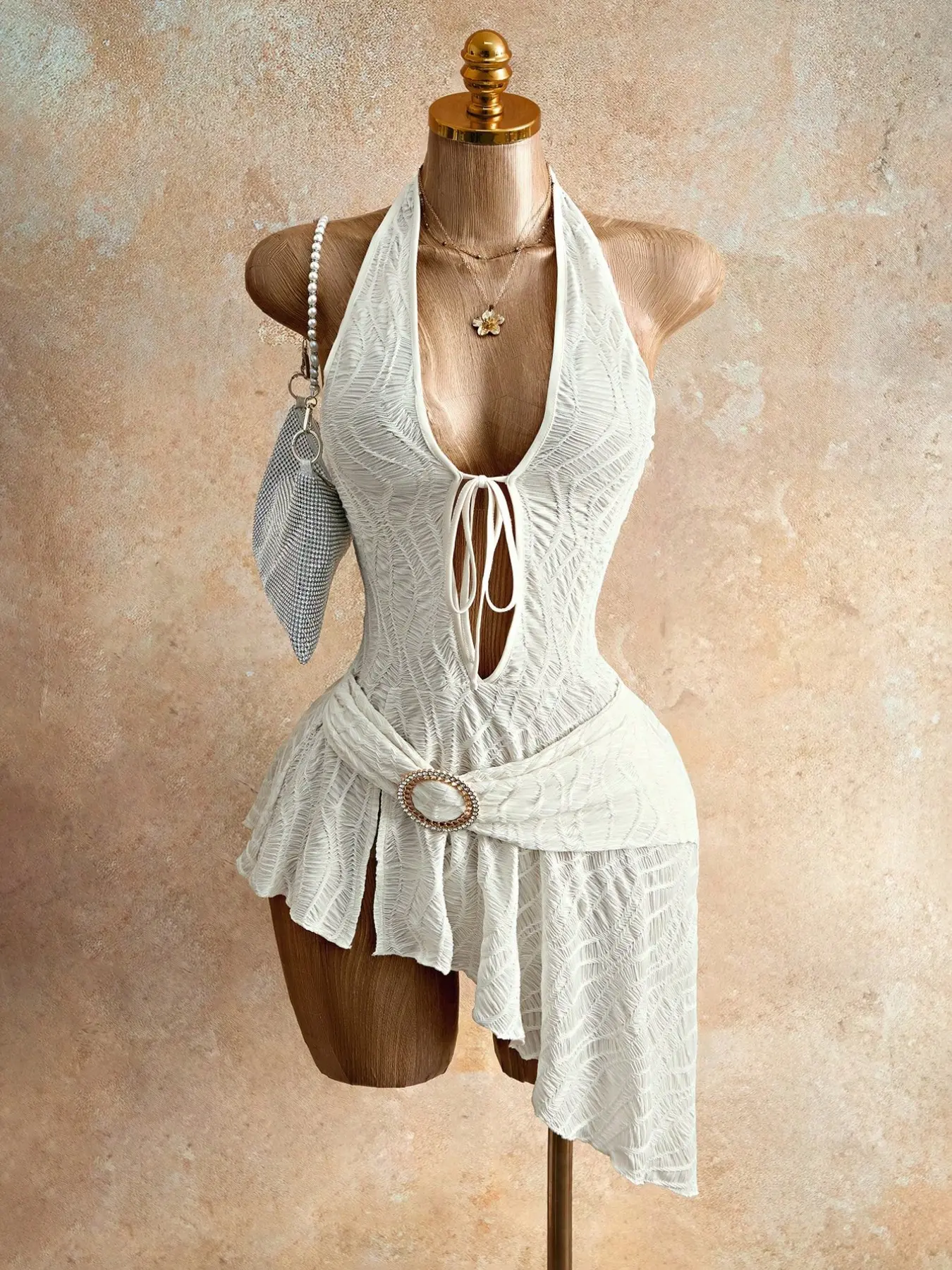 Women's Summer Lightweight Breathable Daily Resort Style Textured Cutout Halter Dress, U-Neck with Adjustable Drawstring Waist Home Outdoor City Slim Trendy Casual Elegant Youthful Simple Versatile Pattern Textured Temperament Artistic Summer Wear Chic