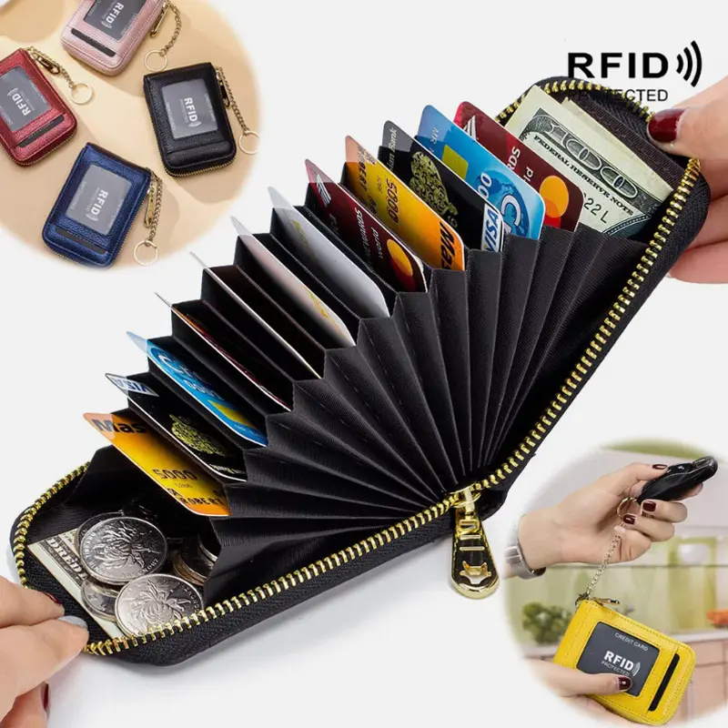 RFID Blocking Accordion Card Wallet Multi‑Slot Zipper Coin Purse with Clear ID Window & Detachable Key Ring Card Holder Case for Men Women Daily Use