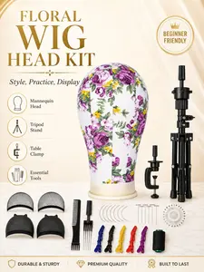 Floral Wig Making Starter Kit, Includes Mannequin Head, Tripod Stand, Table Clamp, Wig Caps, Pins, Combs, Clips, Thread, DIY Wig Styling Set