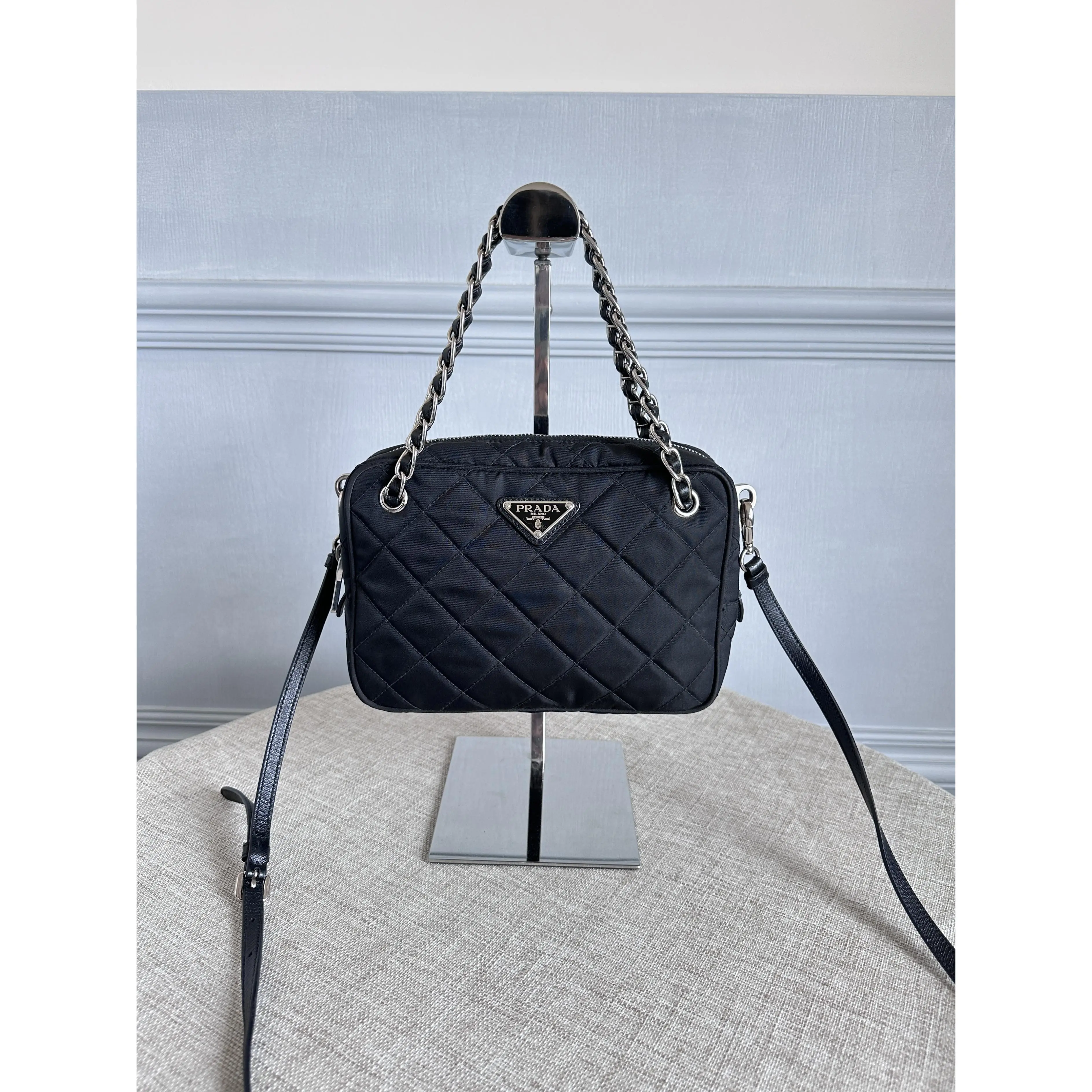 Pre-owned PRADA Black Quilted Nylon Bandoliera 2 Way Crossbody Bag