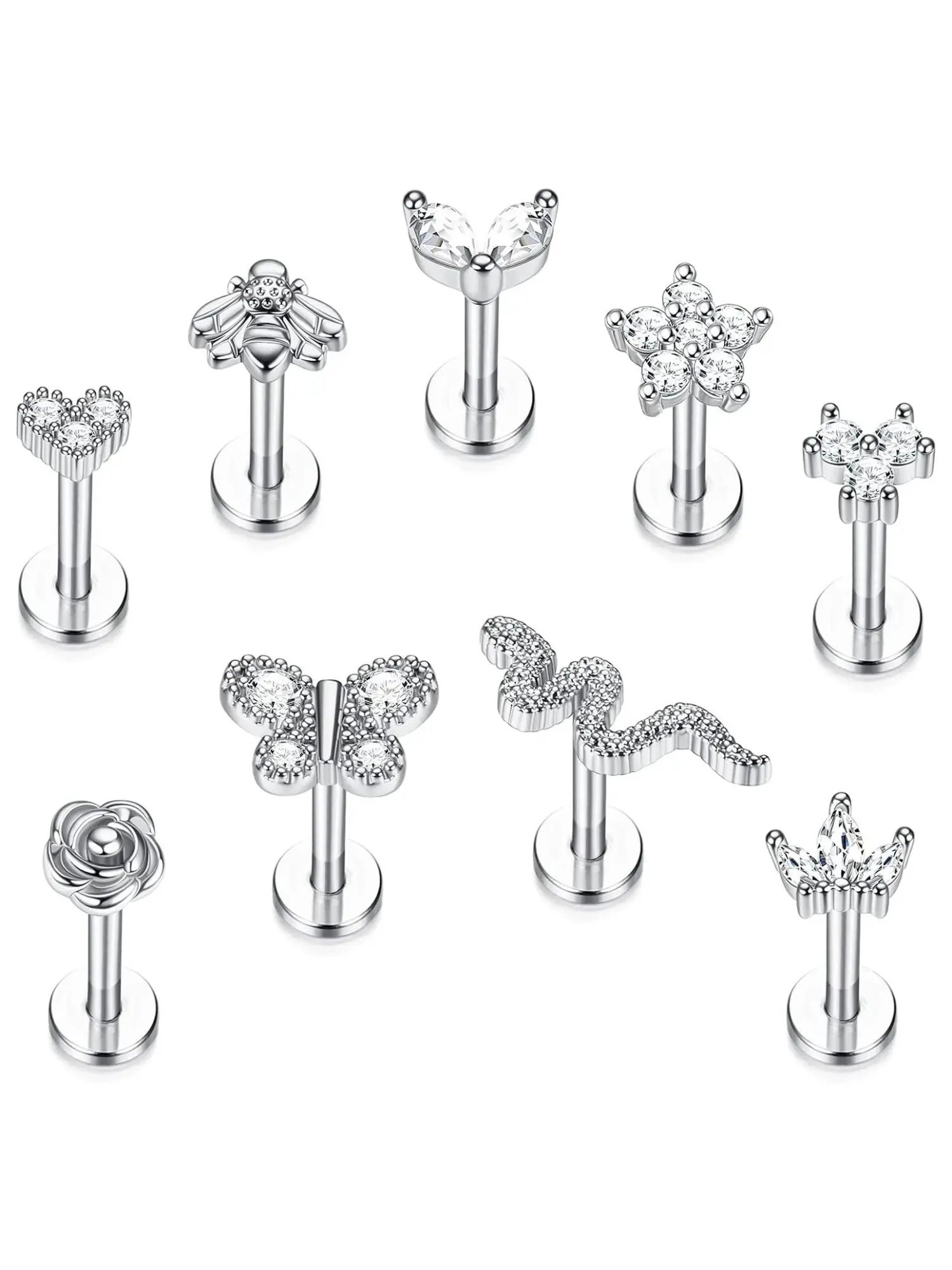 9 Pcs Floral Animal Zirconia Labret Copper Piercings CZ Decorative Tops with Safe Stainless Steel Posts for Unisex Heart Bee Bow Flower Rose Butterfly Snake Crown Fashionable Elements Flat Back Trendy Cartilage Lip Piercing Accessories for Piercing Lovers