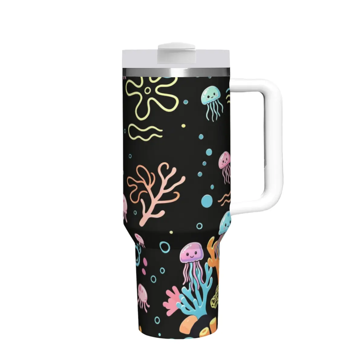 40oz Insulated Vacuum Flask with Straw - Bikini Bottom-Inspired Ocean Theme Thermal Cup, Jellyfish Coral Print, Double Wall Leakproof Portable Travel Tumbler, Women's Kitchenware Drinkware Gift
