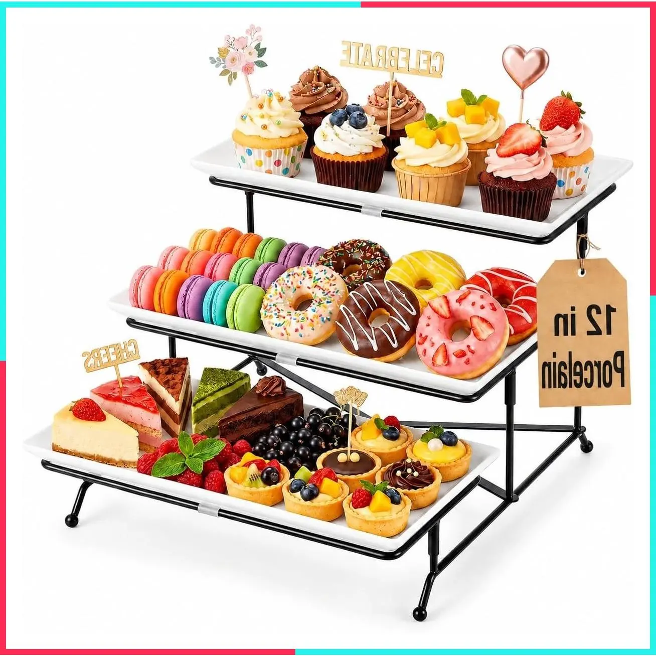 3-Tier Serving Tray, 12 Inch Dessert Display Stand with 3 Durable Porcelain Plates, Microwave & Dishwasher Safe, Modern Cupcake Fruit Buffet Display for Wedding, Tea Party & Serving